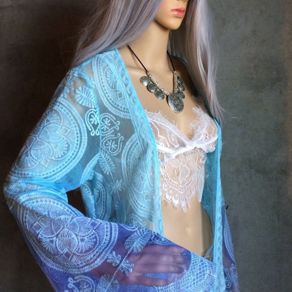 🌸 KIMONO ROBE CARDIGAN BELL SLEEVE OMBRE BLUE BOHO CHIC BOHEMIAN DUSTER BEACH - Picture 3 of 7